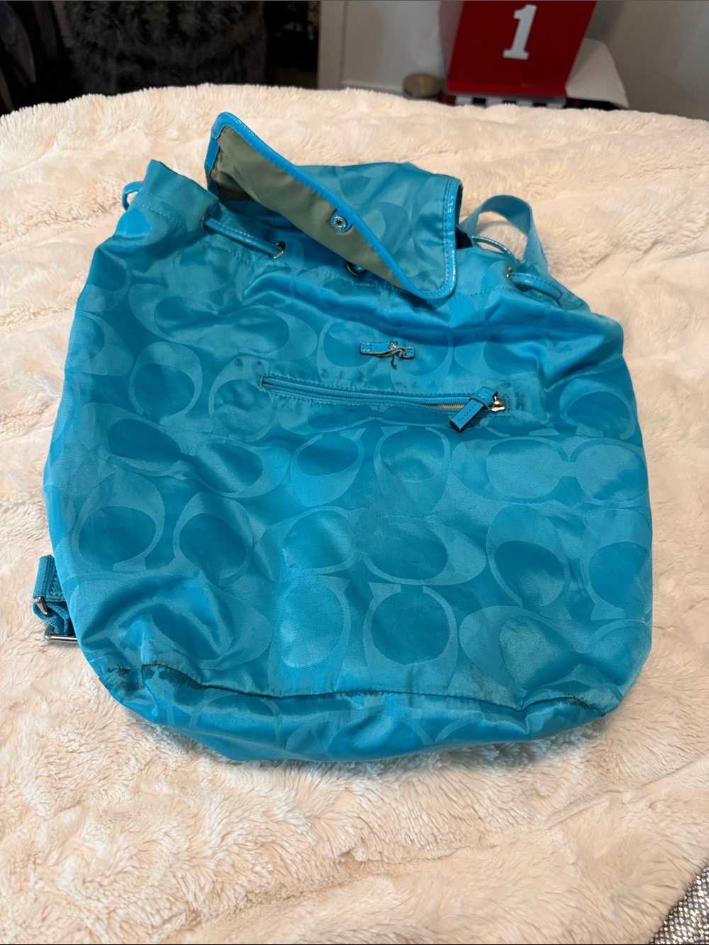 Coach Turquoise Signature Nylon Drawstring Backpack Tote